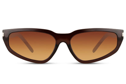 Cognac brown visor wrap party sunglasses with warm amber lens — Mediterranean warmth in a sleek wrap silhouette, the amber lens that filters coastal light from the Amalfi to the Algarve with quiet authority | Sunglass Station
