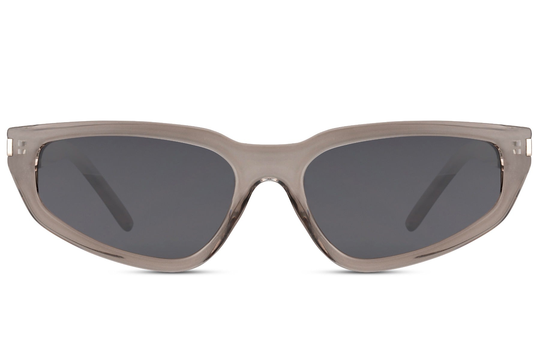 Taupe greige visor wrap party sunglasses with smoke lens — featherlight polycarbonate unisex frame where avant-garde runway meets everyday wearability, 6.5cm wide lens UV400 protection