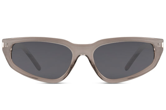 Taupe greige visor wrap party sunglasses with smoke lens — featherlight polycarbonate unisex frame where avant-garde runway meets everyday wearability, 6.5cm wide lens UV400 protection