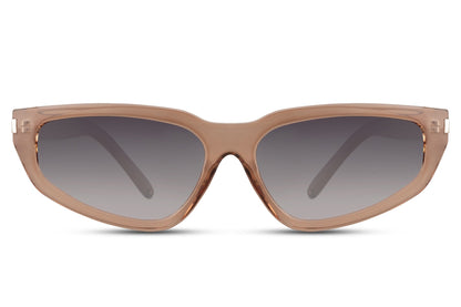 Taupe visor wrap party sunglasses with light grey lens — the everyday crossover frame for men and women, equally at home on a Swiss mountain weekend or a Shoreditch rooftop, UV400 protection