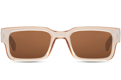 unisex sunglasses with white frame and amber brown lens, pair it in broad daylight of edinburgh
