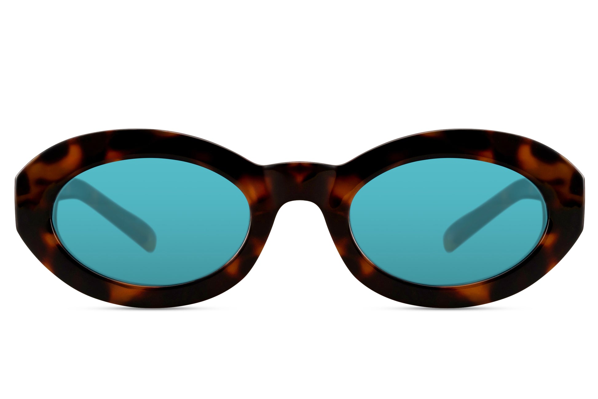 Women's bold geometric oval sunglasses with tortoiseshell recycled frame and teal polycarbonate lens – chunky statement shades for summer festivals and city street style, Sunglass Station free UK and Europe shipping