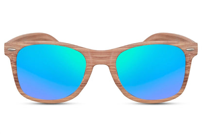 wood frame mirrored wayfarer sunglass with uv protection