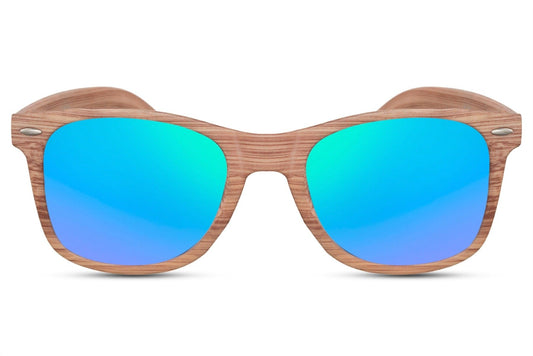 wood frame mirrored wayfarer sunglass with uv protection