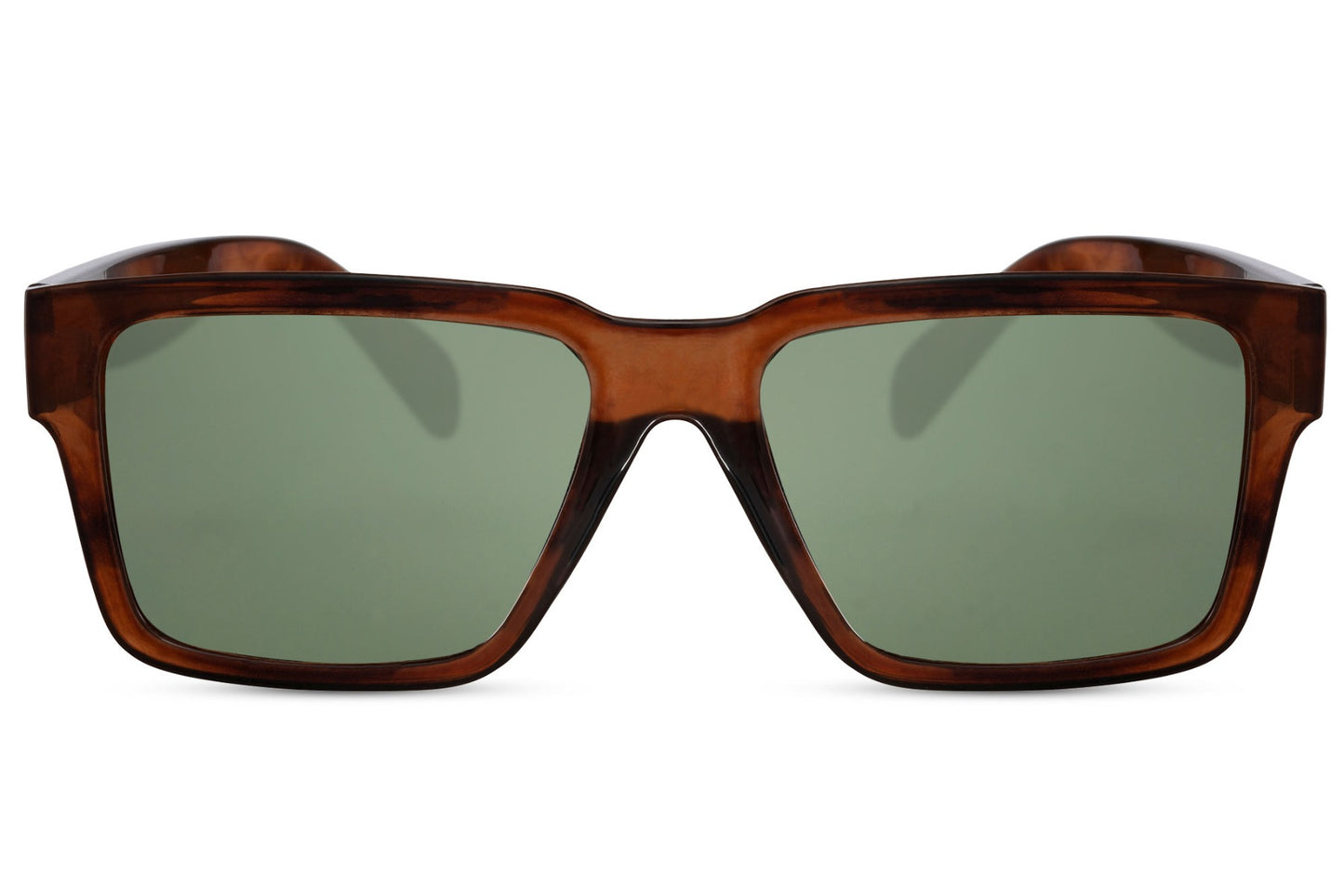wood style frame sunglass with green tinted lens
