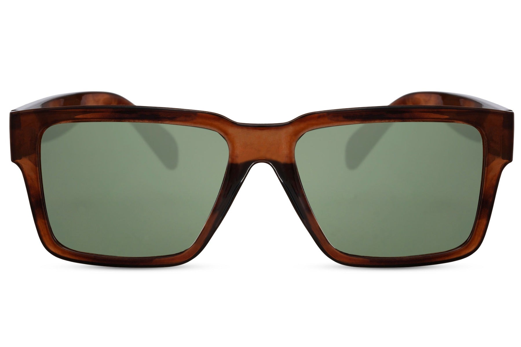 wood style frame sunglass with green tinted lens