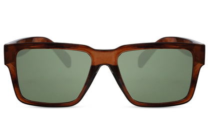 wood style frame sunglass with green tinted lens