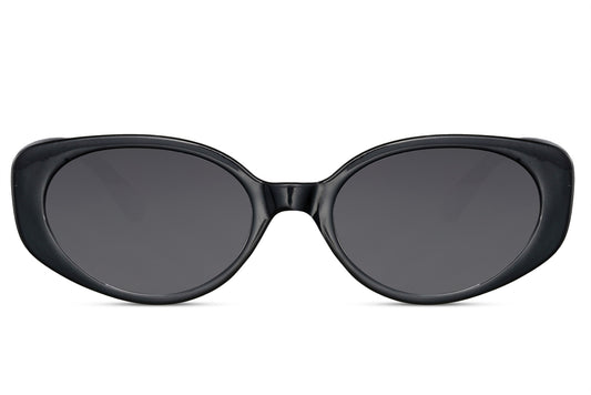 Y2K bold oval sunglasses with black polycarbonate frame and smoke grey UV protection lens – sleek retro round shades for everyday city wear and street style, free delivery across UK and Europe from Sunglass Station