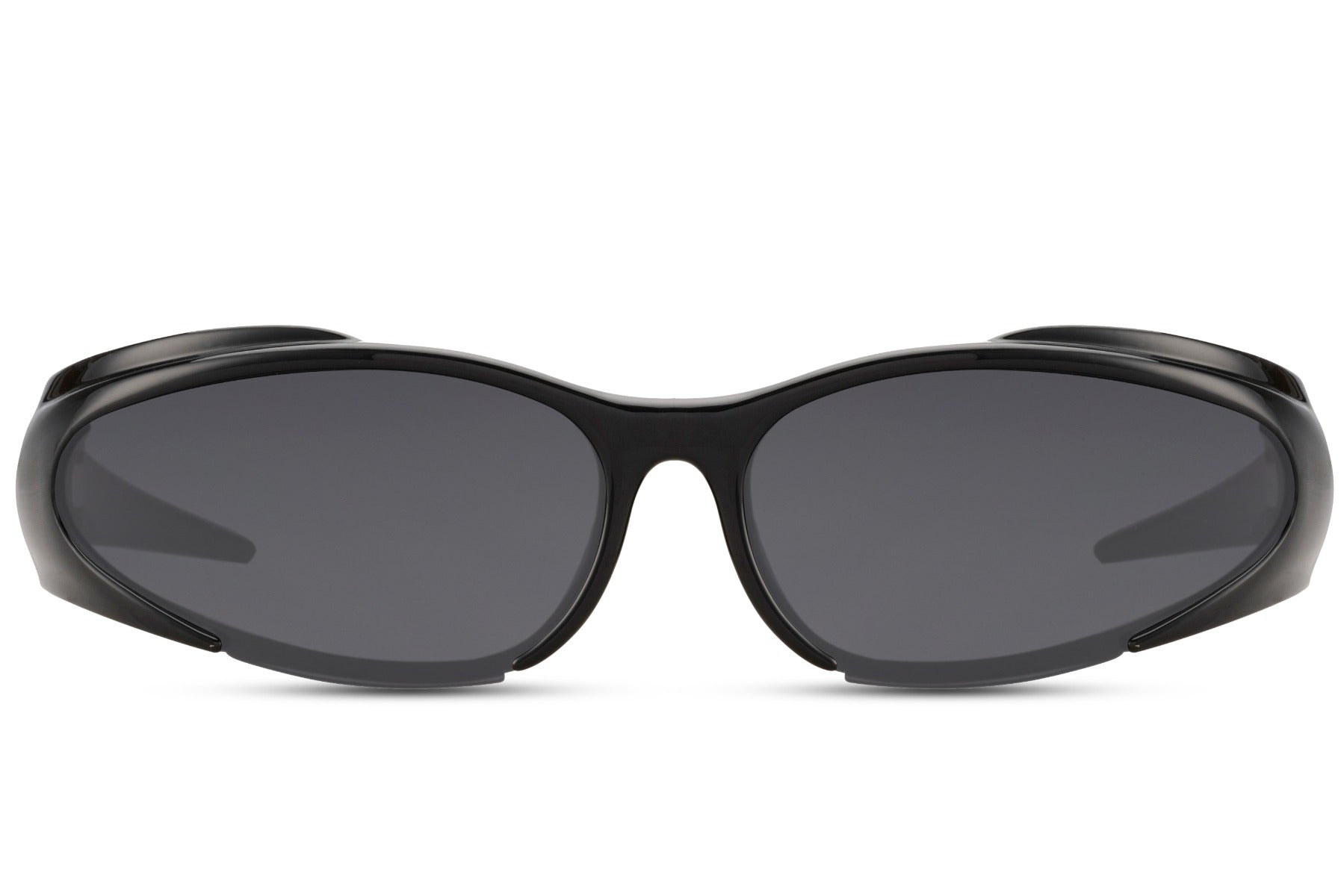 Black bulky wrap Y2K hip-hop party sunglasses with smoke lens — 7cm oversized lens coverage in impact-resistant polycarbonate, the retro sport silhouette that bridges early 2000s hip-hop culture and 2026 festival streetwear, UV400 protection