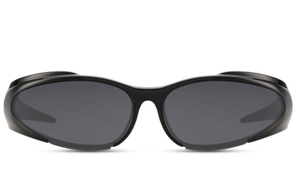 Black bulky wrap Y2K hip-hop party sunglasses with smoke lens — 7cm oversized lens coverage in impact-resistant polycarbonate, the retro sport silhouette that bridges early 2000s hip-hop culture and 2026 festival streetwear, UV400 protection