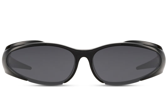Black bulky wrap Y2K hip-hop party sunglasses with smoke lens — 7cm oversized lens coverage in impact-resistant polycarbonate, the retro sport silhouette that bridges early 2000s hip-hop culture and 2026 festival streetwear, UV400 protection