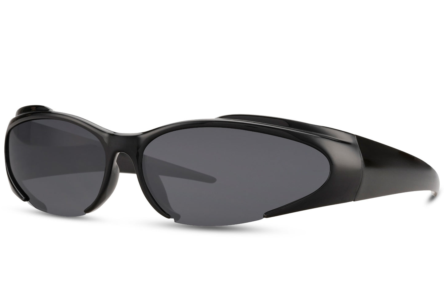 Black wraparound Y2K hip-hop party sunglasses — bulky retro sport frame for men and women, the silhouette that defined an era and came back harder in 2026 streetwear and festival culture | Sunglass Station