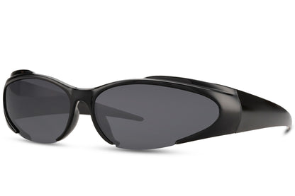 Black wraparound Y2K hip-hop party sunglasses — bulky retro sport frame for men and women, the silhouette that defined an era and came back harder in 2026 streetwear and festival culture | Sunglass Station