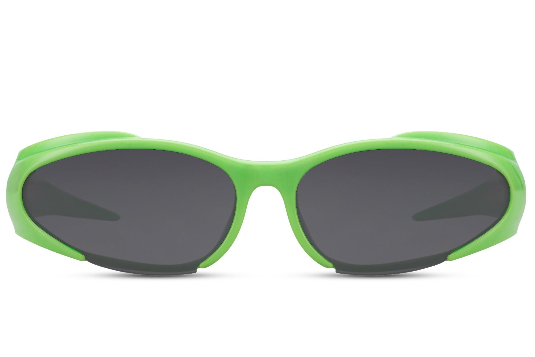 Green frame Y2K hip-hop party sunglasses with smoke lens — the boldest colourway in the collection, retro sport wrap for men and women who want their eyewear to announce them before they speak, free delivery UK & Europe | Sunglass Station