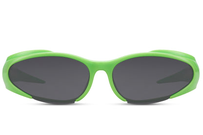 Green frame Y2K hip-hop party sunglasses with smoke lens — the boldest colourway in the collection, retro sport wrap for men and women who want their eyewear to announce them before they speak, free delivery UK & Europe | Sunglass Station