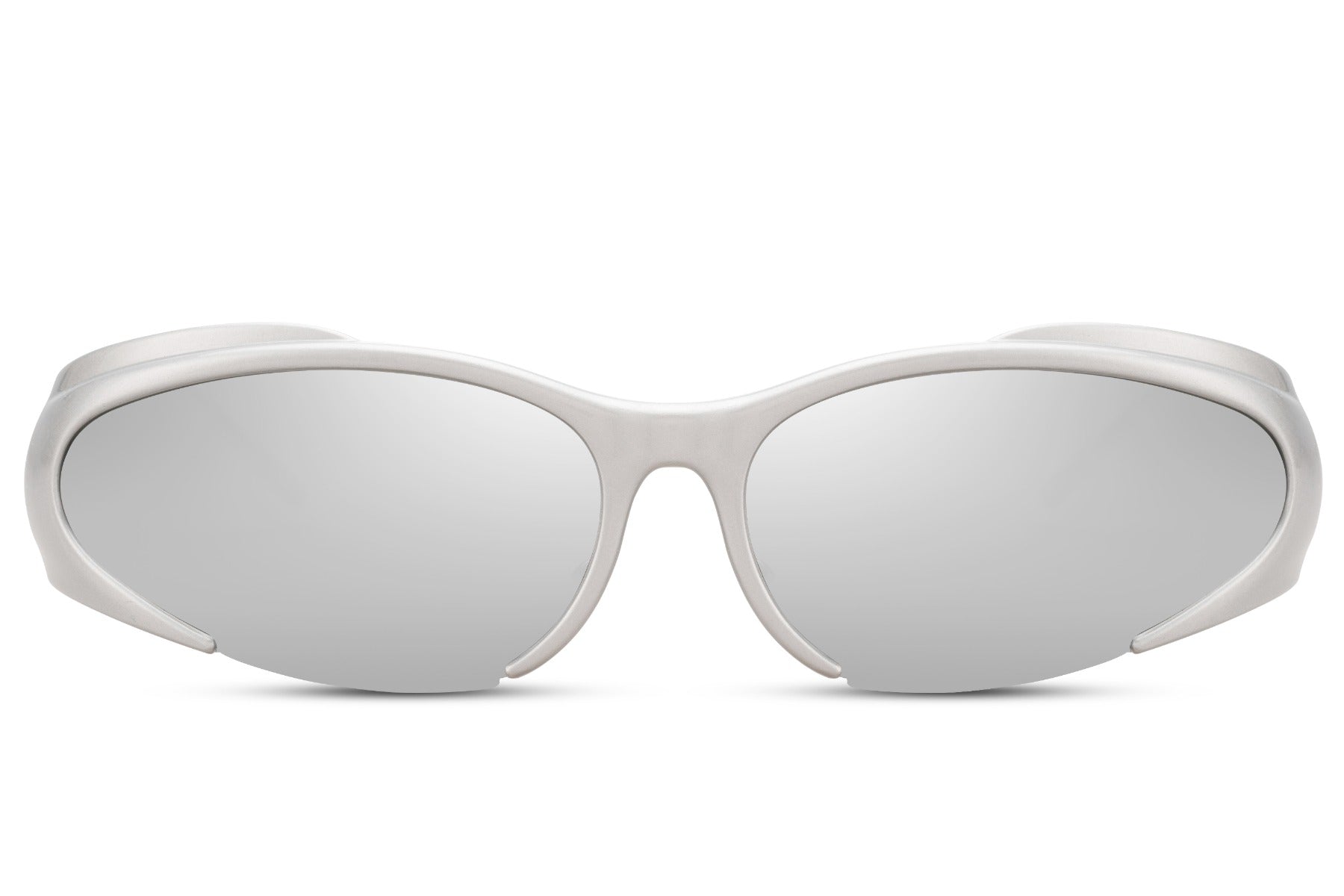 Silver chrome mirror lens Y2K hip-hop party sunglasses — reflective futuristic wrap for men and women, the mirror lens that carries equal weight at a Berlin techno club and a Glastonbury main stage, UV400
