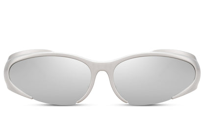 Silver chrome mirror lens Y2K hip-hop party sunglasses — reflective futuristic wrap for men and women, the mirror lens that carries equal weight at a Berlin techno club and a Glastonbury main stage, UV400
