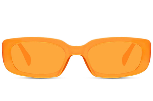 Vibrant orange Y2K rectangle sunglasses for London festival style and European summer trends.