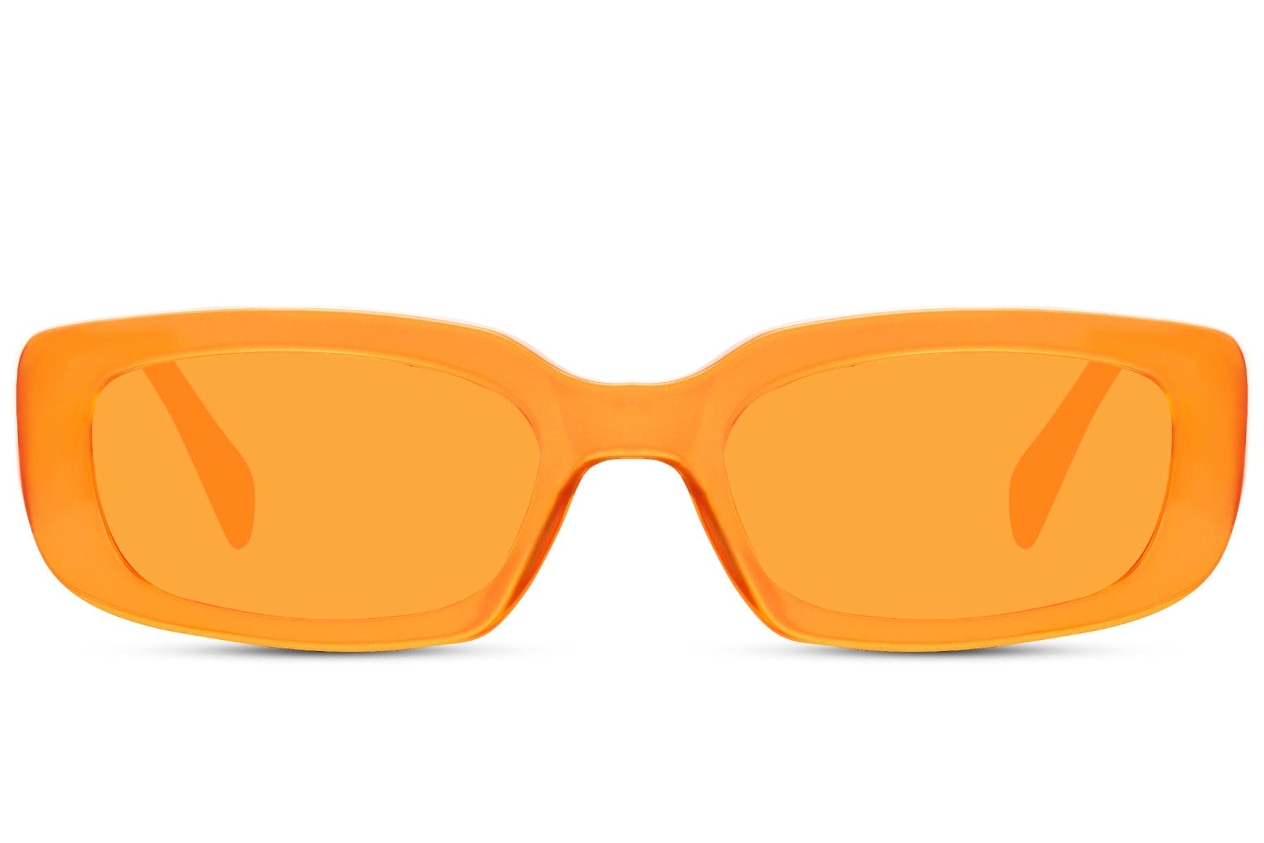 Vibrant orange Y2K rectangle sunglasses for London festival style and European summer trends.