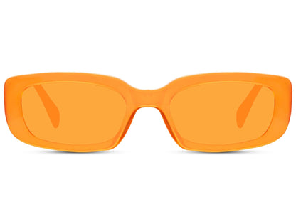 Vibrant orange Y2K rectangle sunglasses for London festival style and European summer trends.