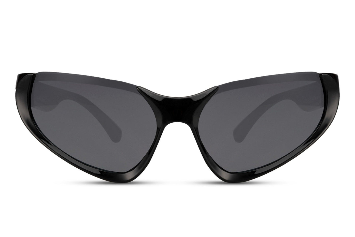 black Y2K sports party sunglasses — sharp angular cat-eye wrap in lightweight polycarbonate, the pointed sport silhouette for men and women who dress like the decade belongs to them | Sunglass Station