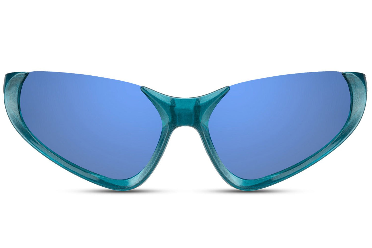 Blue mirror lens Y2K sports party sunglasses — the sharp angular cat-eye in its most chromatic form, electric blue wrap for festival season and open-air club nights from Amsterdam to Barcelona, free delivery UK & Europe, UV400