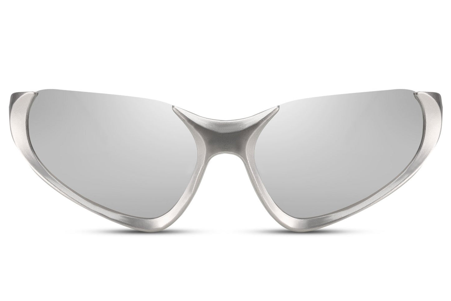 Silver chrome mirror Y2K sports party sunglasses — angular cat-eye wrap in full reflective chrome, the most futuristic colourway in the collection for men and women who dress at the edge of fashion and function | Sunglass Station