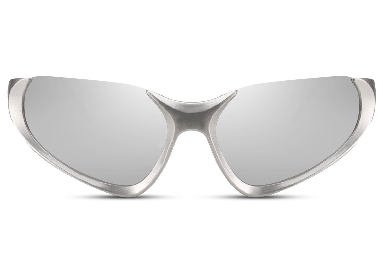 Silver chrome mirror Y2K sports party sunglasses — angular cat-eye wrap in full reflective chrome, the most futuristic colourway in the collection for men and women who dress at the edge of fashion and function | Sunglass Station