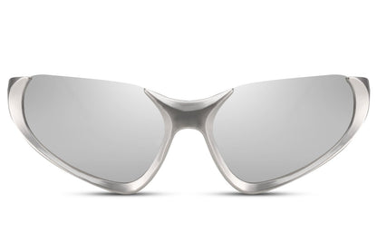 Silver chrome mirror Y2K sports party sunglasses — angular cat-eye wrap in full reflective chrome, the most futuristic colourway in the collection for men and women who dress at the edge of fashion and function | Sunglass Station