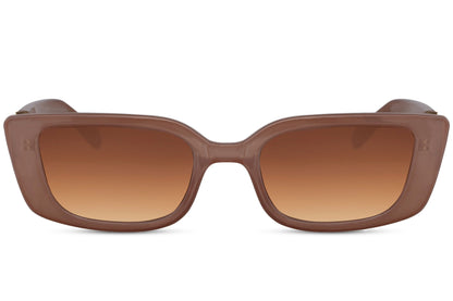 Rectangle sunglasses with brown frame and dark lenses by Sunglass Station, unisex eyewear with UV protection and a bold rectangular shape