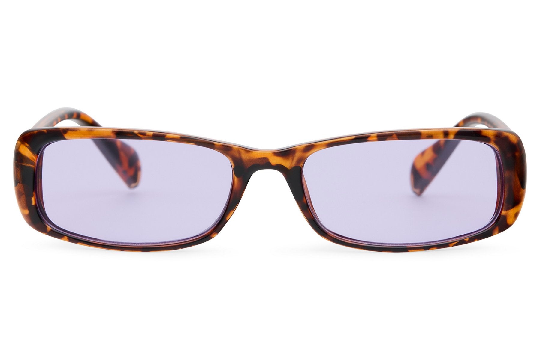 Tortoiseshell rectangle party sunglasses with lavender lilac tinted lens — soft Parisian refinement in a slim retro frame, the understated coloured lens for women who prefer suggestion over statement