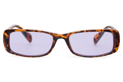 Tortoiseshell rectangle party sunglasses with lavender lilac tinted lens — soft Parisian refinement in a slim retro frame, the understated coloured lens for women who prefer suggestion over statement