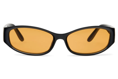Y2K visor party sunglasses with amber orange tinted lens — the Ibiza energy lens in a wraparound silhouette, golden hour in eyewear form for festival season and beyond