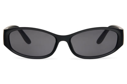 Black slim Y2K visor party sunglasses in 100% recycled polycarbonate — the wrap silhouette that moved from 2000s nostalgia to 2026 festival staple, unisex UV400 protection. Free uk & europe shipping
