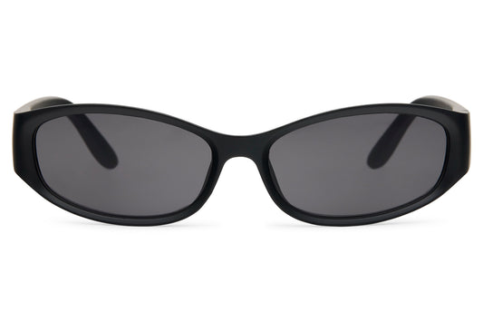 Black slim Y2K visor party sunglasses in 100% recycled polycarbonate — the wrap silhouette that moved from 2000s nostalgia to 2026 festival staple, unisex UV400 protection. Free uk & europe shipping