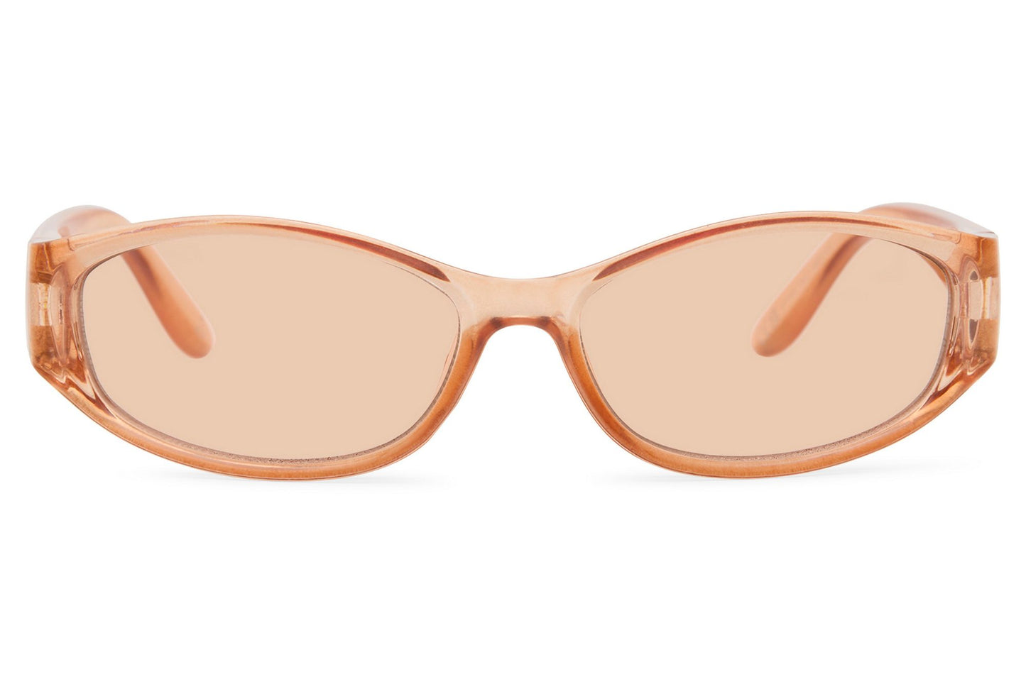 Peach blush tinted Y2K visor party sunglasses — the softer side of the wrap silhouette, warm-toned euro summer eyewear that sits between rose Riviera refinement and full festival mode | Sunglass Station free uk and europe shipping