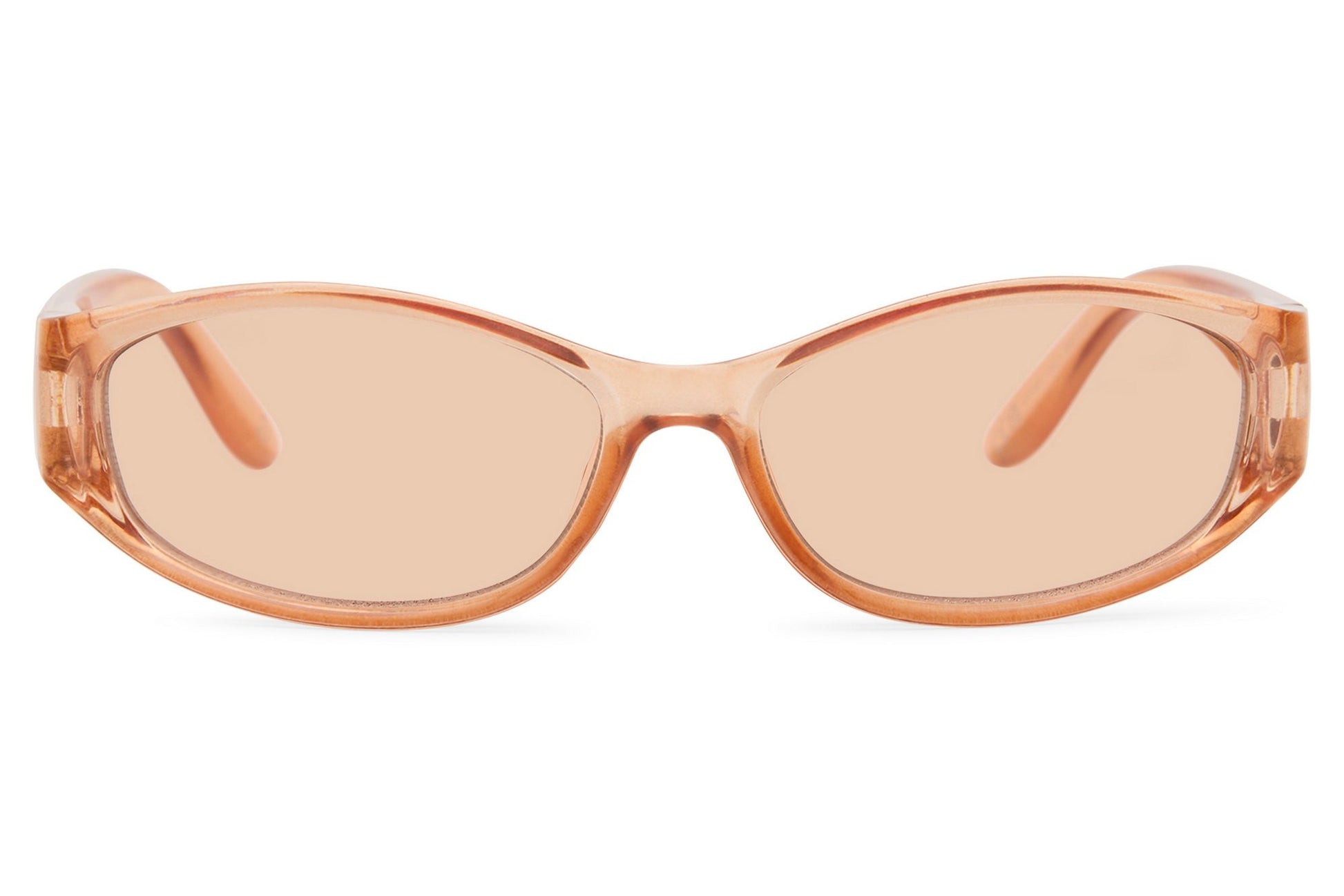 Peach blush tinted Y2K visor party sunglasses — the softer side of the wrap silhouette, warm-toned euro summer eyewear that sits between rose Riviera refinement and full festival mode | Sunglass Station free uk and europe shipping