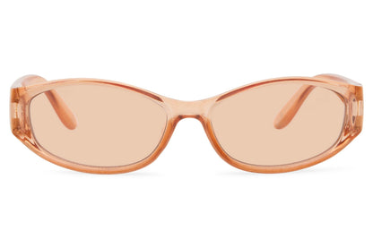 Peach blush tinted Y2K visor party sunglasses — the softer side of the wrap silhouette, warm-toned euro summer eyewear that sits between rose Riviera refinement and full festival mode | Sunglass Station free uk and europe shipping