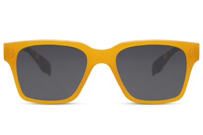 unisex style yellow frame wayfarer shades with black tinted lens for daytime traveling or urban parties