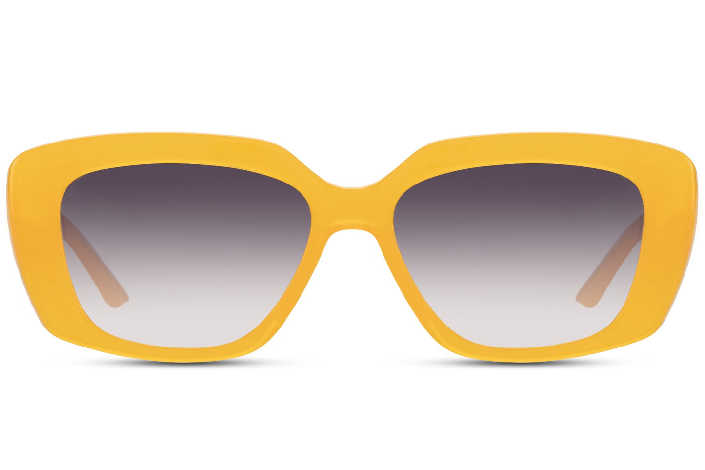 A pair of sunglasses with a geometric rectangle frame design in yellow, with tinted lens.