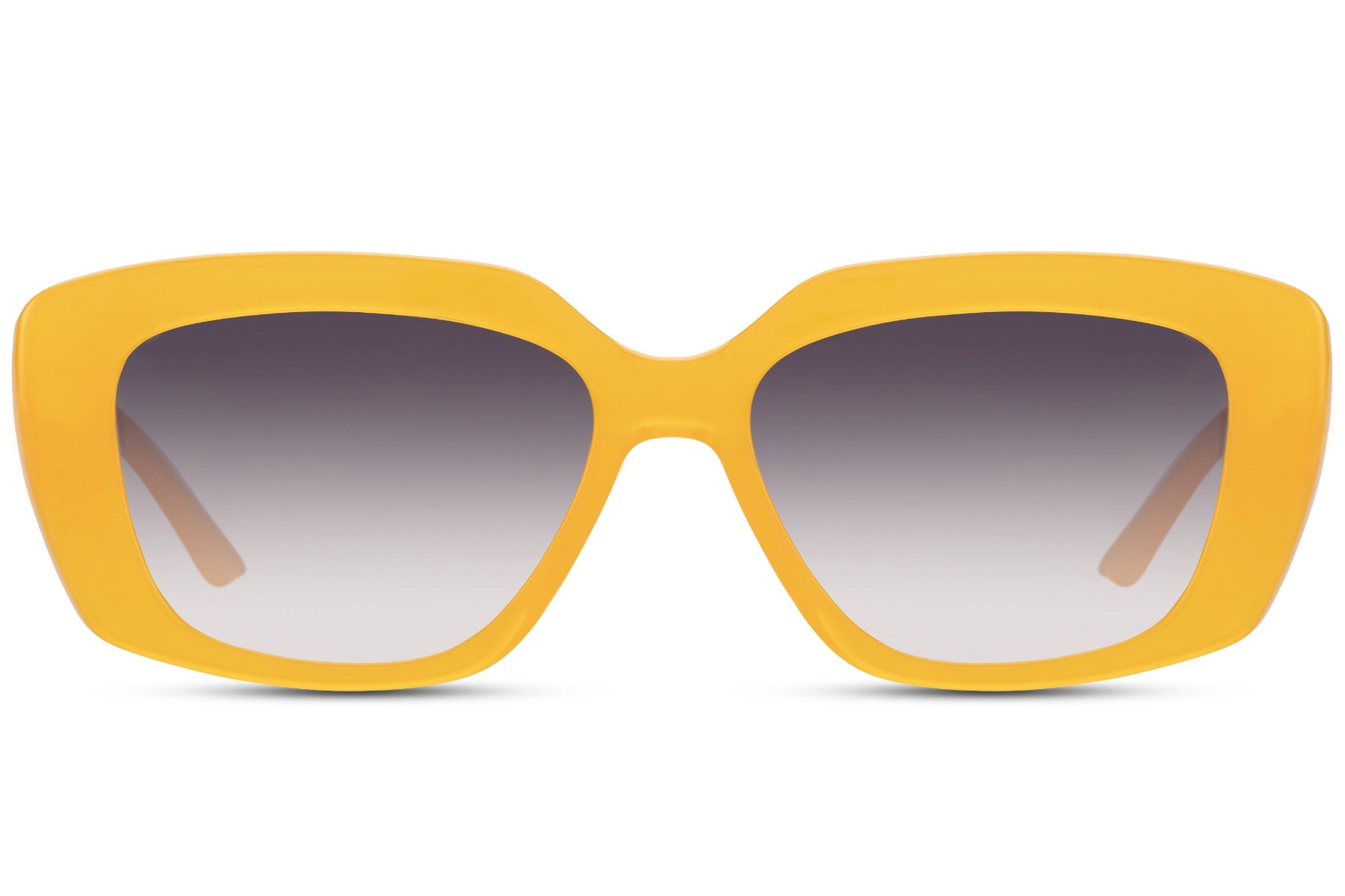 A pair of sunglasses with a geometric rectangle frame design in yellow, with tinted lens.