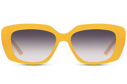 A pair of sunglasses with a geometric rectangle frame design in yellow, with tinted lens.